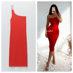 Zara Red Asymmetric Cable Knit Midi Dress Size Small NWT New With Tags